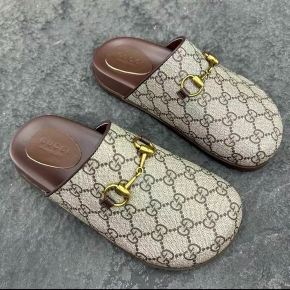 Gucci Beige and Brown Mules with Gold Accent